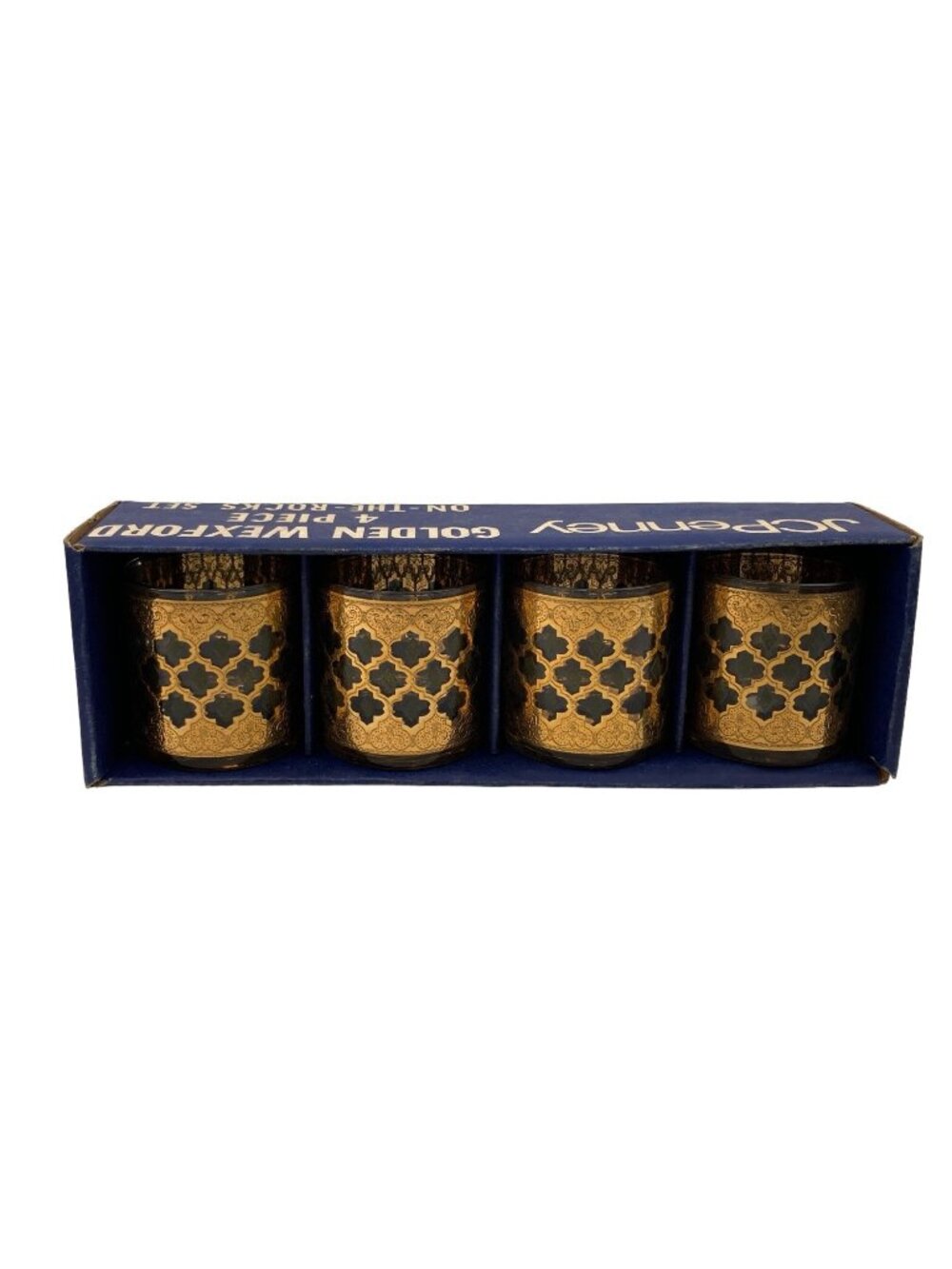 -Vintage JC Penney Golden Wexford 4 Piece On The Rocks Set Green Gold